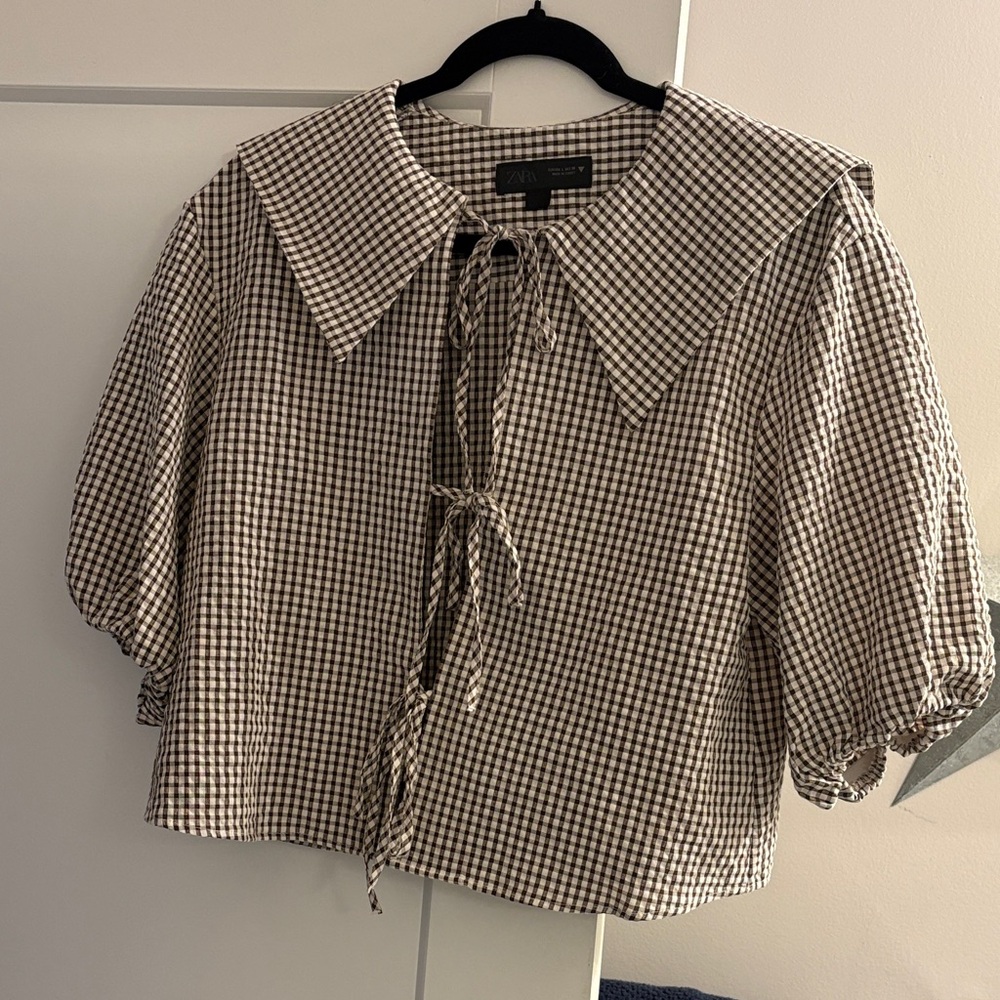 Zara Brown and White Gingham Blouse with Bow Closure